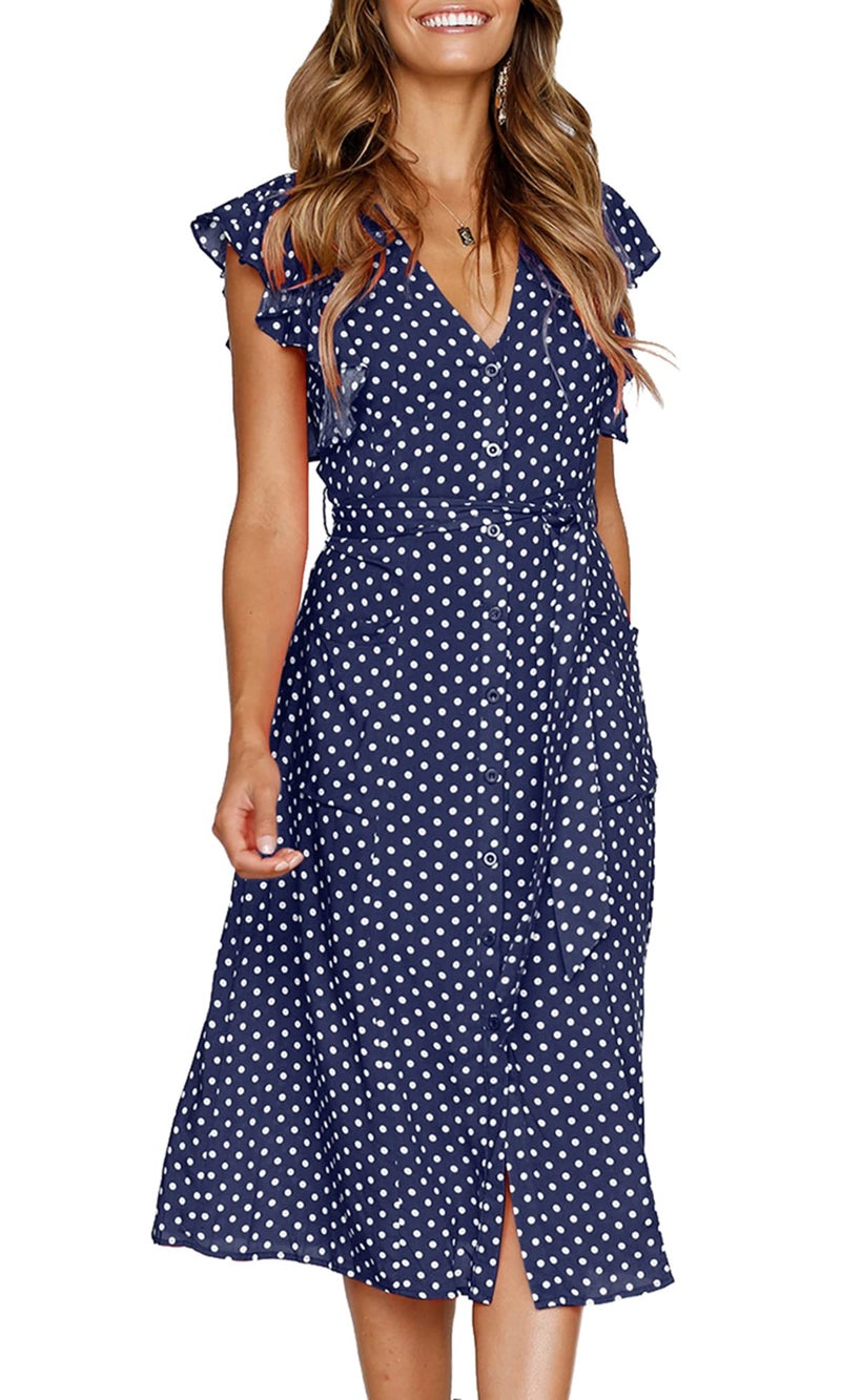 MITILLY Women's Boho Polka Dot Flutter Short Sleeve V Neck Button Down Swing Midi Dress with Pockets Medium Dark Blue - Image 1